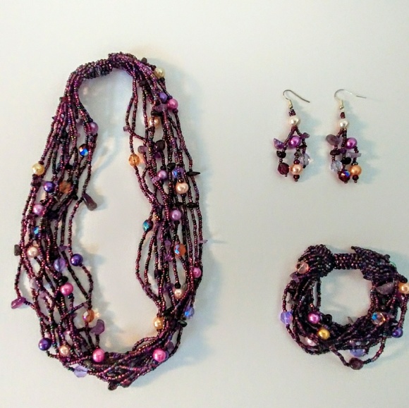Brighton Plum Beaded Necklace, Bracelet, Earrings - Picture 1 of 1